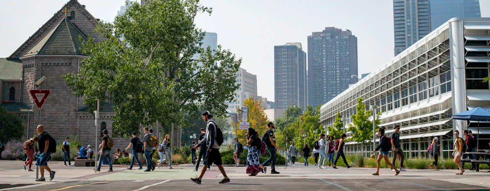Image of students walking on Auraria Campus.