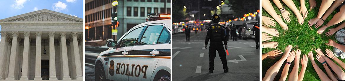 Criminal Justice Careers Collage: peace, police, police car, capital building