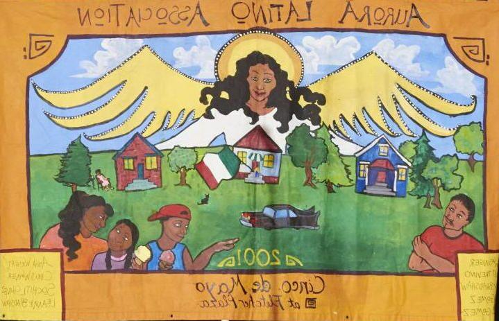A drawing for the Aurora Latino Association with an angel overlooking a neighborhood