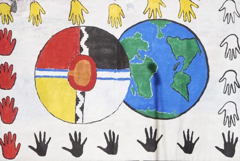 A drawing of with hand prints around globes