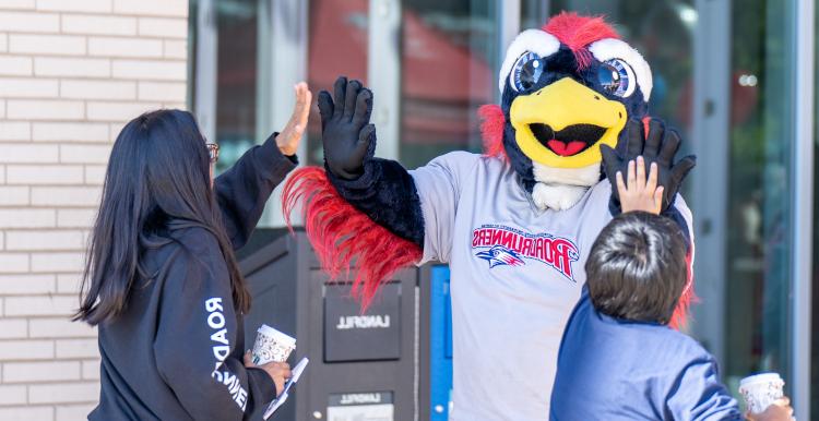 MSU Denver mascot, Rowdy giving high-fives to two students.