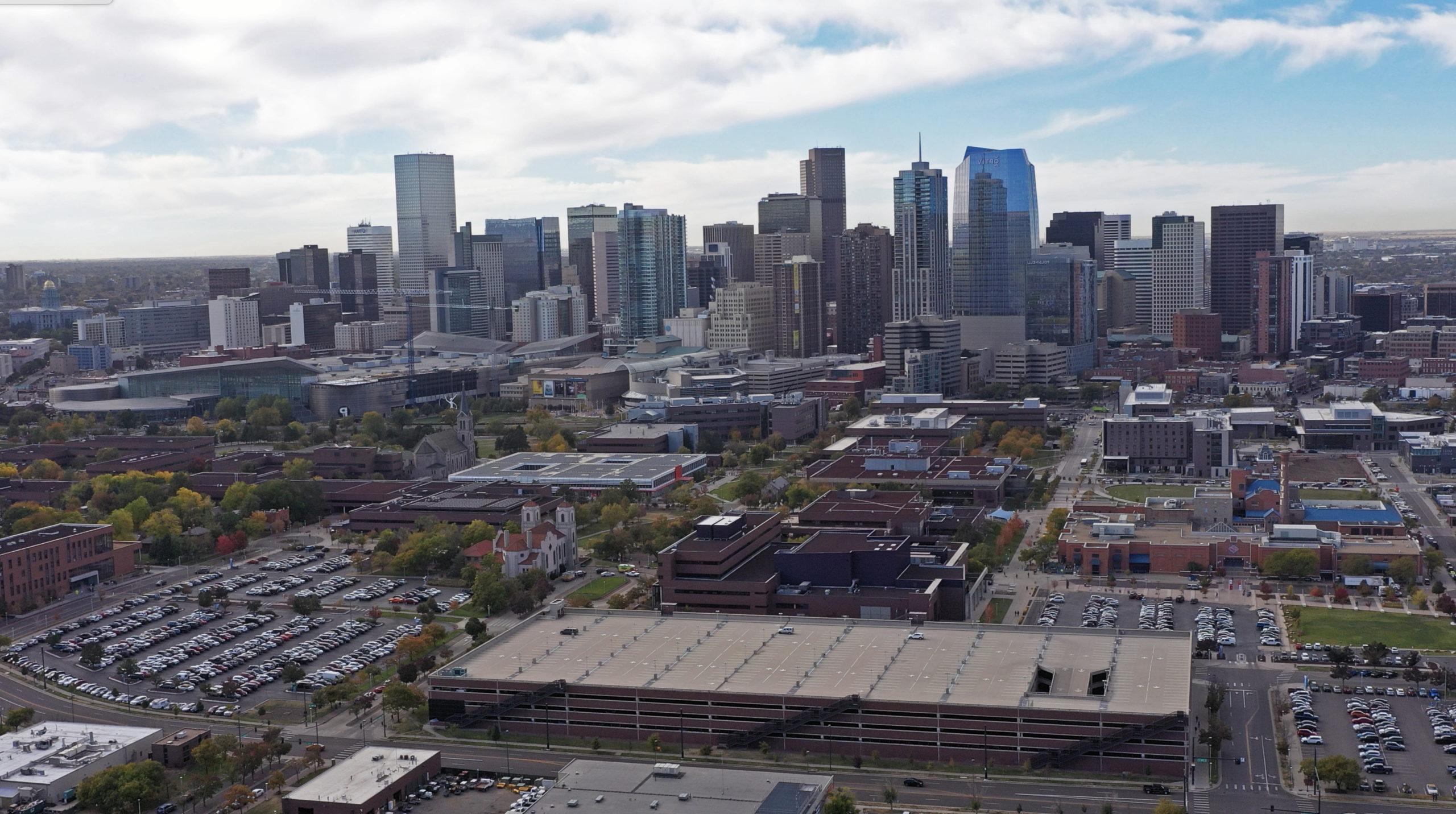 Aerial photo of the MSU Denver campus with a view of the Denver skyline.