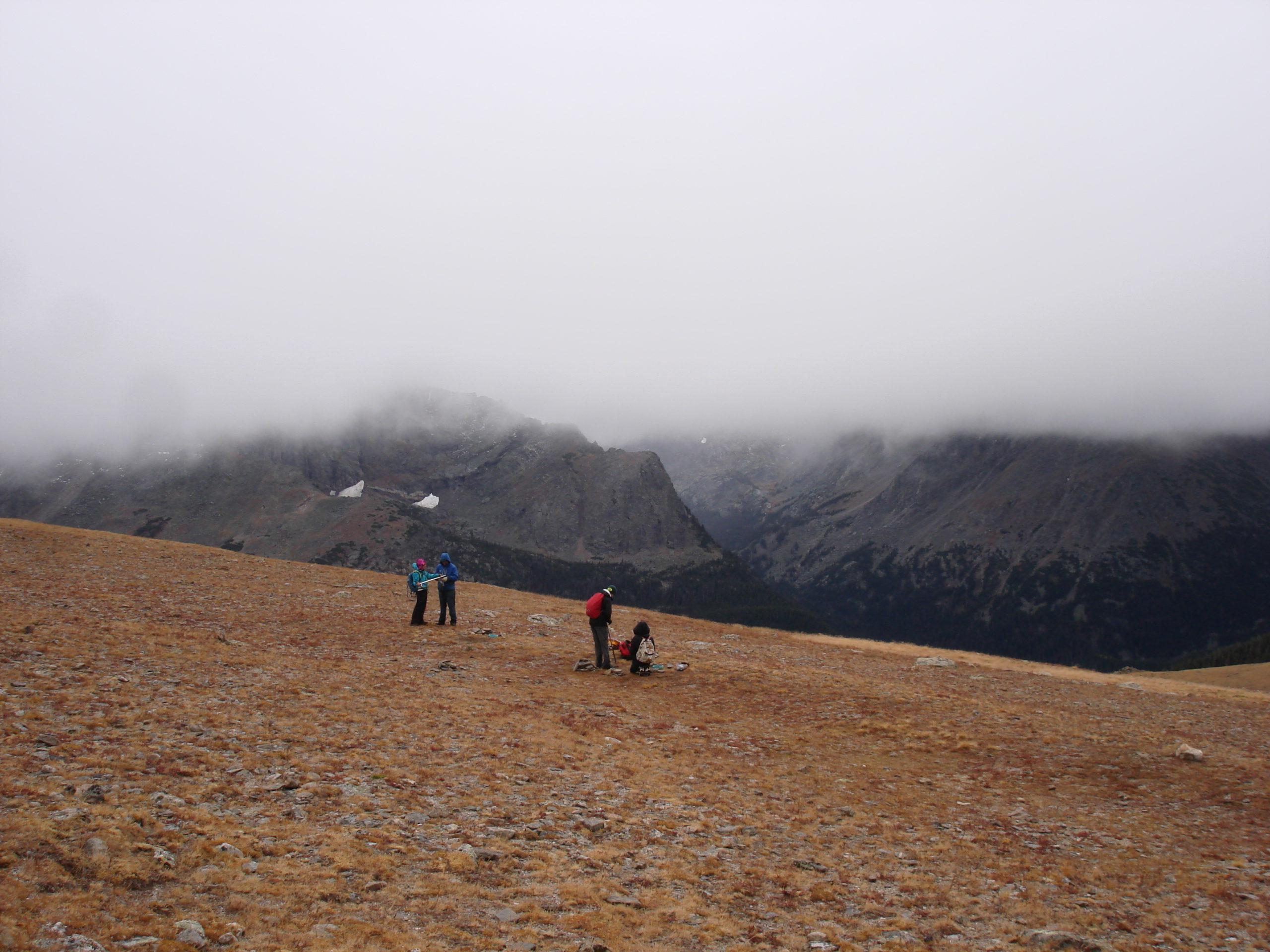四个人在小山上使用仪器，背景是山和雾