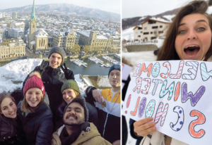 Image of students taking a selfie with a snow Zurich, Switzerland in the background. One student is holding up a sign that reads "Welcome Winter School!"
